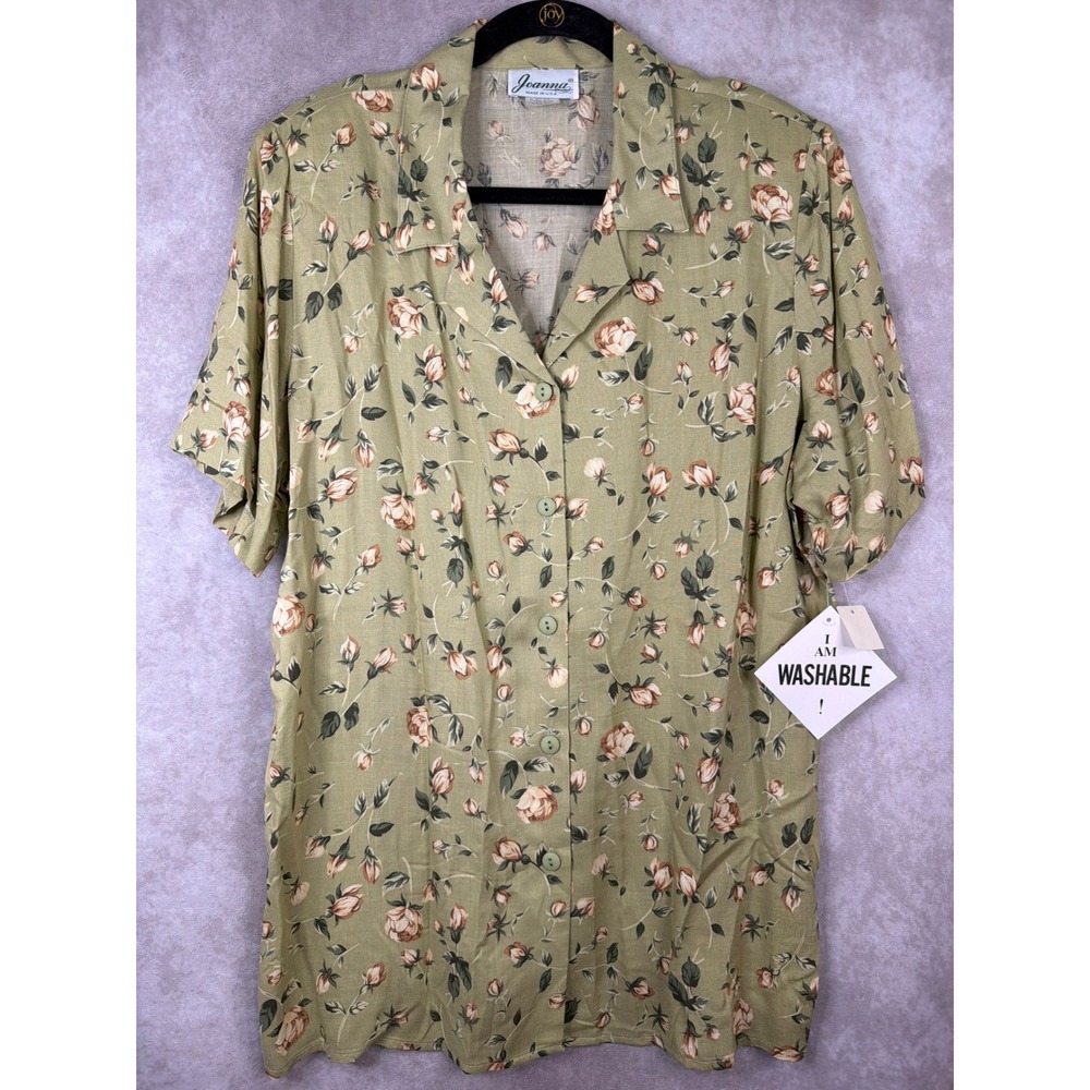 NWT VTG 80s Joanna Button Down Shirt Women Large Green Floral Rose Short Sleeve